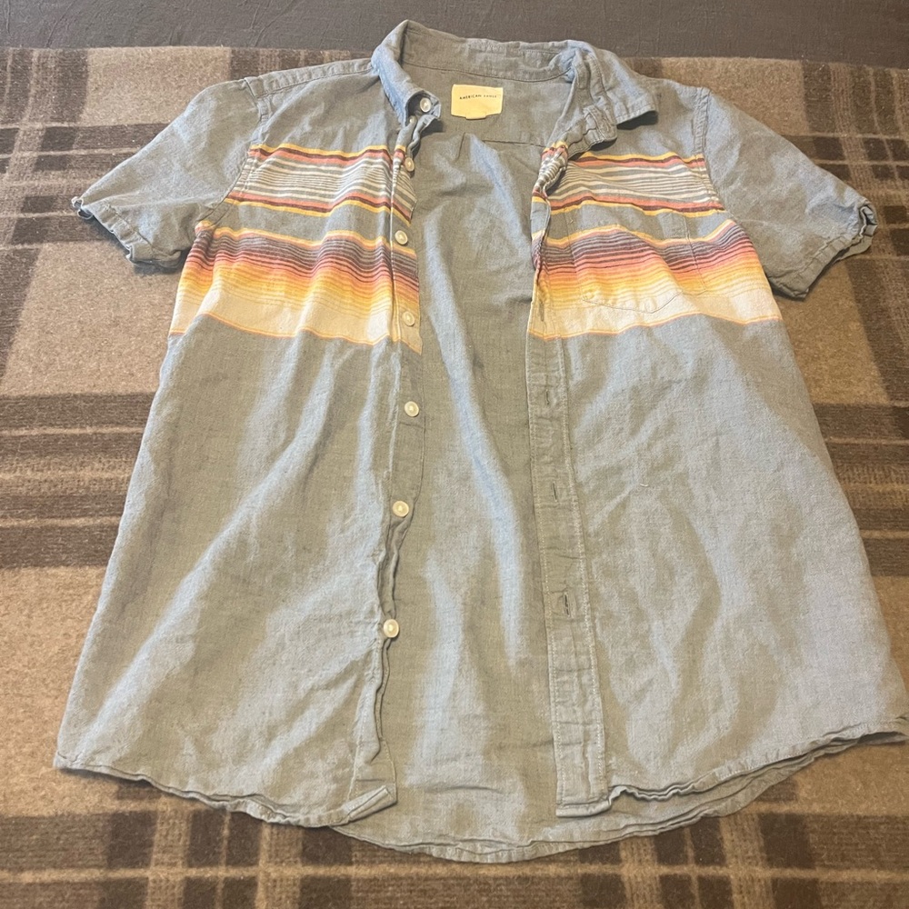 American Eagle Outfitters Men's Gray Shirt with Multicolor Stripes